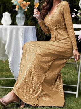Meilun Gold Sequin Long Sleeve Wrap Maxi Dress Sz S NIOP